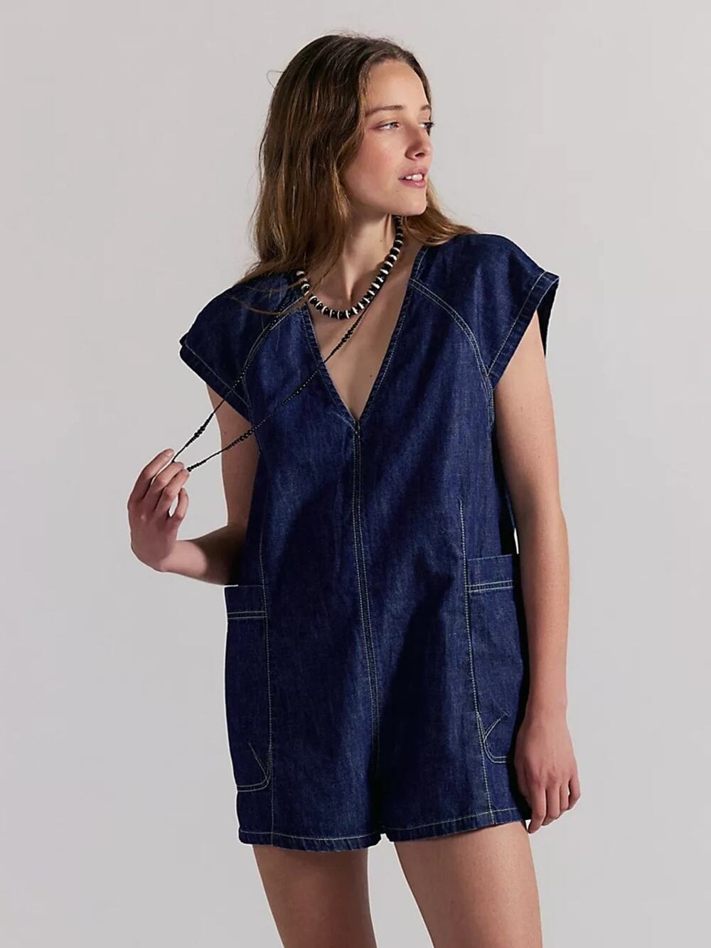 Free People Free Fall Denim Romper in Deep Blue S